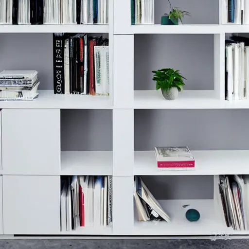 Prompt: white zen clean modern minimalist bookshelf with cute plants by zaha hadid, peter tarka