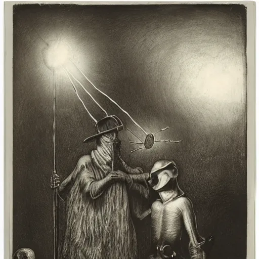 Image similar to collodion photography, plague doctors in the mist with weird rube goldberg machines, minimalist, joel peter witkin, heironymus bosch, gustave dore, beksinski, giger'