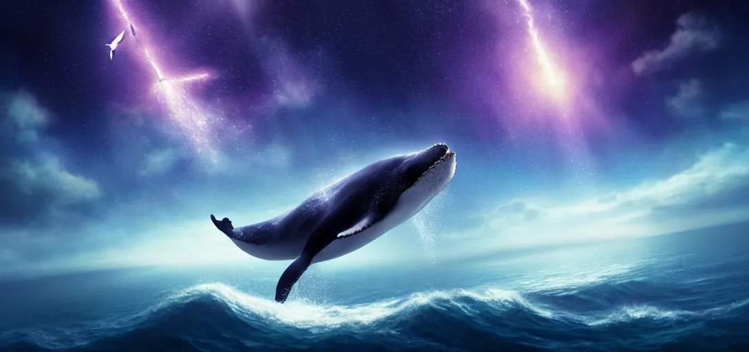 Image similar to a wide angle shot of a lonely whale flying in the sky, sea underneath, cosmic starry sky, concept art, trending on artstation, purple theme by andreas achenbach, artgerm, mikko lagerstedt, zack snyder, tokujin yoshioka
