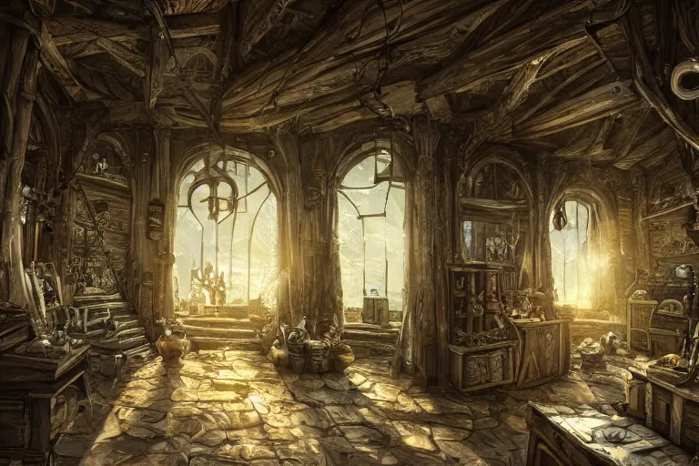 Prompt: A small curious shop viewed from the inside, texture, intricate, details, highly detailed, masterpiece, architecture, building, trending on artstation, focus, sharp focus, concept art, digital painting, fantasy, sunny, day, midday, in the style of skyrim