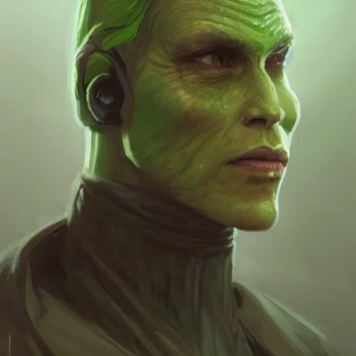 Image similar to portrait of a man by greg rutkowski, jedi knight, human twi'lek hybrid, green skin, wool cap, star wars expanded universe, he is about 3 0 years old, highly detailed portrait, digital painting, artstation, concept art, smooth, sharp foccus ilustration, artstation hq