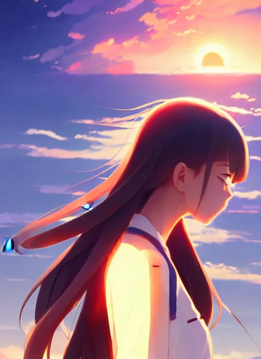 Prompt: side portrait of cute girl, sunset sky in background, beach landscape, illustration concept art anime key visual trending pixiv fanbox by wlop and greg rutkowski and makoto shinkai and studio ghibli and kyoto animation, futuristic wheelchair, symmetrical facial features, future clothing, volumetric lighting, backlit