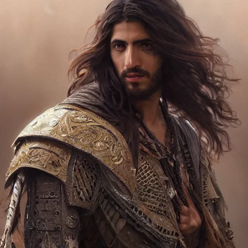 Prompt: portrait painting of a middle - eastern man with shoulder length hair wearing a tattered feather cloak and armor, ultra realistic, concept art, intricate details, eerie, highly detailed, photorealistic, octane render, 8 k, unreal engine. art by artgerm and greg rutkowski and charlie bowater and magali villeneuve and alphonse mucha