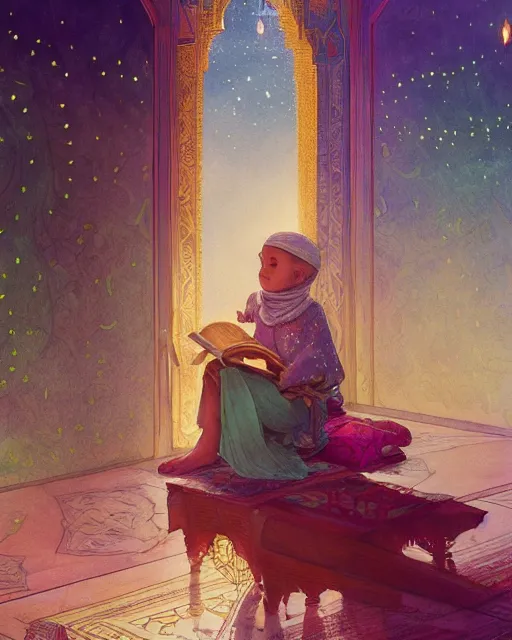 Image similar to a bedouin child infront of an big open quran highly detailed, gold filigree, romantic storybook fantasy, soft cinematic lighting, award, disney concept art watercolor illustration by mandy jurgens and alphonse mucha and alena aenami, pastel color palette, featured on artstation