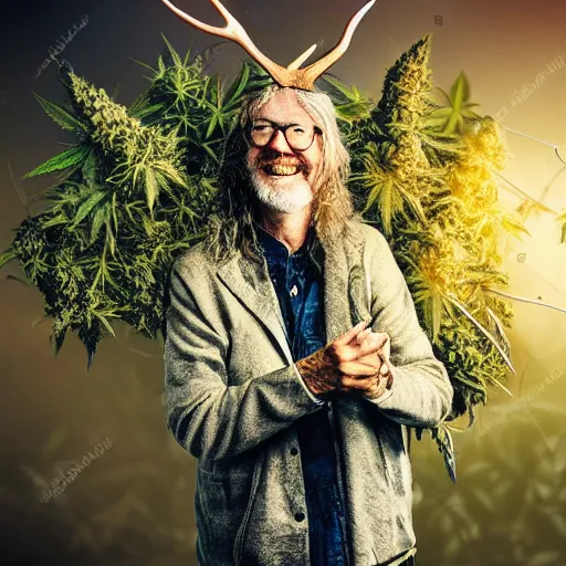 Image similar to intoxicated lazy older hippie wearing twigs and leaves and antlers smiling sheepishly in a field of cannabis plants, highly detailed, dramatic lighting, night time, cinematic, sci - fi, hyperrealistic, detailed