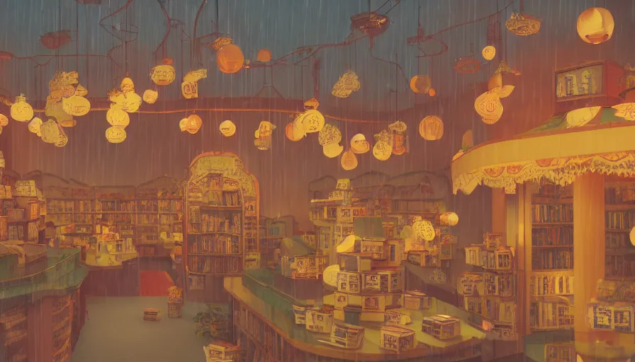 Prompt: a Wes Anderson 35mm film still of a very surreal magic bookshop with a miniature mountain city inside , golden hour, falling cherry blossom pedals, in the style of Gucci, glowing warm lights and floating lanterns, foggy atmosphere, rainy, moody, muted colors, magic details, very detailed, 8k, cinematic look, octane render, psychedelic,