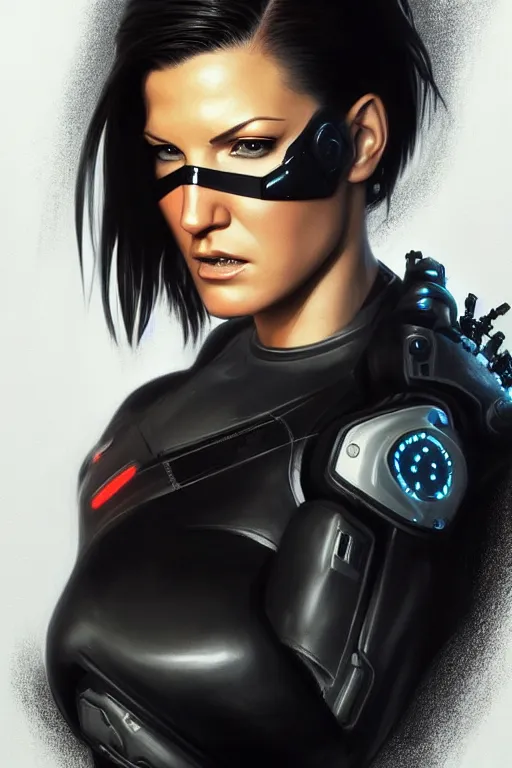 Image similar to gina carano with robotic left arm, casual black clothing, casual pose, large portrait, cyberpunk, digital painting, artstation, concept art, smooth, 8 k frostbite 3 engine, ultra detailed, art by artgerm and greg rutkowski and magali villeneuve