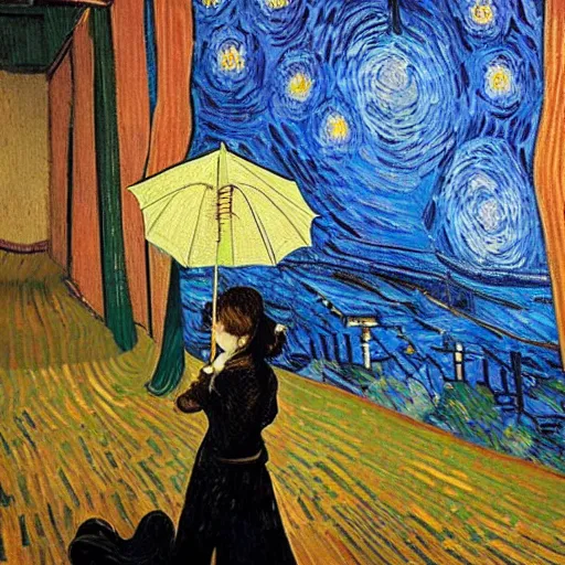 Image similar to girl with an umbrella girl with an umbrella. a walk inside a van gogh painting is a starry night. inside the painting. see everything from the inside. clearly detailed. dramatic.