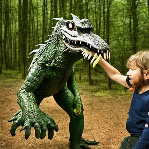 Prompt: werecreature consisting of a human and crocodile, photograph captured in a forest