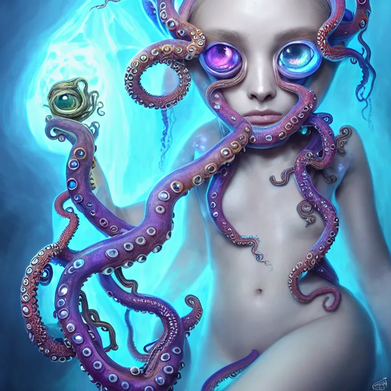 Image similar to A full shot of a cute magical monster Cryptid wearing a dress made of opals and tentacles. Chibi. Subsurface Scattering. Translucent Skin. Caustics. Prismatic light. defined facial features, symmetrical facial features. Opalescent surface. Soft Lighting. beautiful lighting. By Giger and Ruan Jia and Artgerm and WLOP and William-Adolphe Bouguereau and Loish and Lisa Frank. Sailor Moon. trending on artstation, featured on pixiv, award winning, sharp, details, intricate details, realistic, Hyper-detailed, HD, HDR, 4K, 8K.