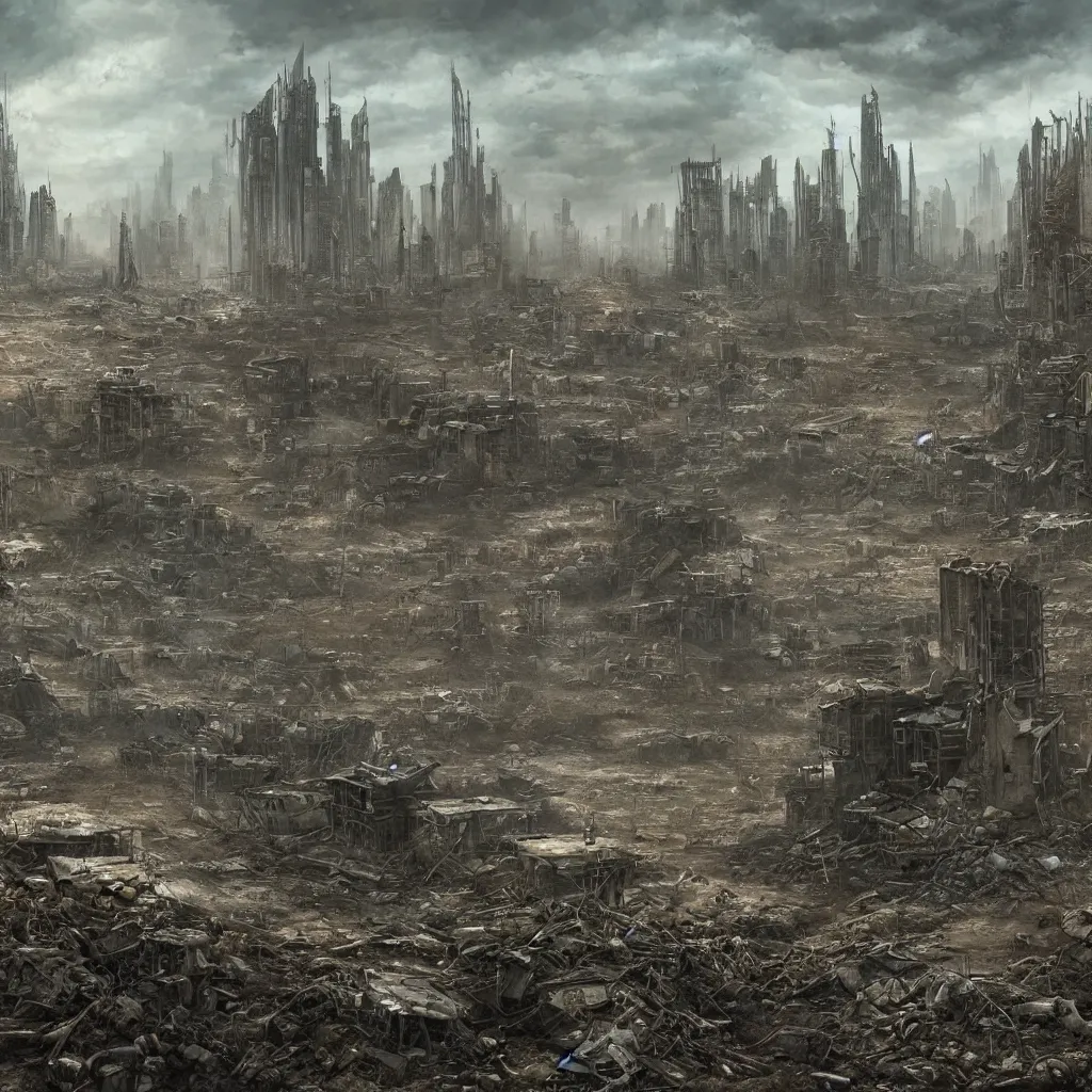 Prompt: extremely detailed post - apocalyptical wasteland with destroyed skyscrapers in the hazed background in the style of mad max and blade runner. painted by james chadderton. surrealism composition perspective drawing high resolution detail.