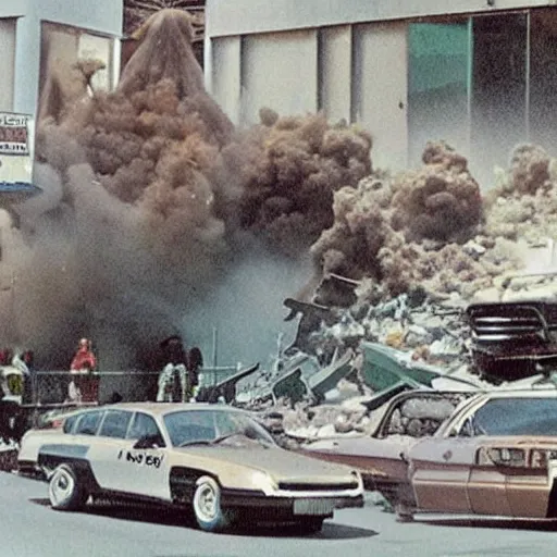 Prompt: a giant watermelon splash ,big impact hit on the building, explode and chaos, Holywood scene, full color, broken cars, real picture