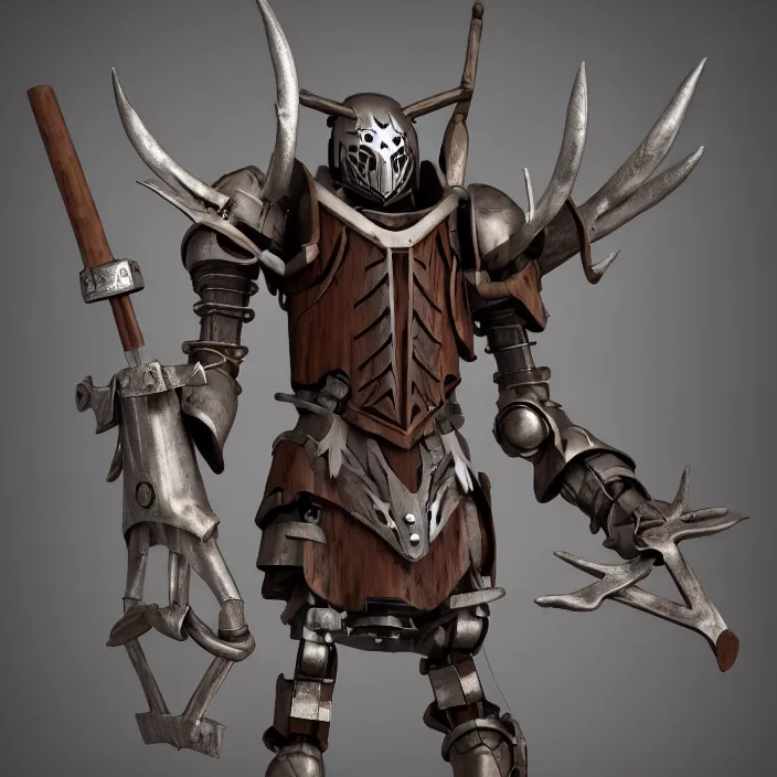 Prompt: warforged druid male anime character, wooden staff wizard, wolf armor, wolf pack, a pack of wolves, wooden antlers, made of wood, made of metal, large robot, knight, knight armor, large castle, medieval castle, wolf pack following, 3 d render beeple, realistic detailed octane render, pop up parade figure