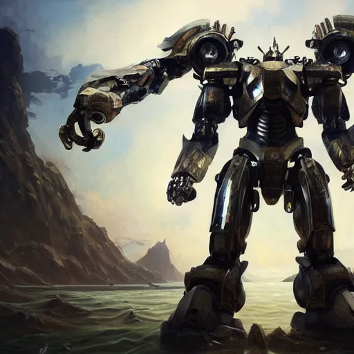 Image similar to pacific rim robot wearing ivory shiny armor standing in the sea, full body image, steam punk, sci-fi, extremely detailed digital painting, in the style of Fenghua Zhong and Ruan Jia and Jermy lipking and peter mohrbacher, mystic colors, highly detailed, deep aesthetic, 8k, highly ornate intricate details, cinematic lighting, rich colors, digital artwork, ray tracing, hyperrealistic, photorealistic, cinematic landscape, trending on artstation,