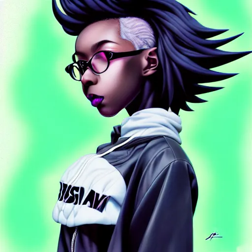 Image similar to portrait of a black anime manga girl, french bob hair, white hair, green bomber jacket, by artgerm, james jean, tom bagshaw, gerald brom, vaporwave colors, lofi colors, vaporwave, lofi, goth vibe, 4 k, smooth, hd, substance designer render, full body character concept art, symmetrical, 2 point lighting,