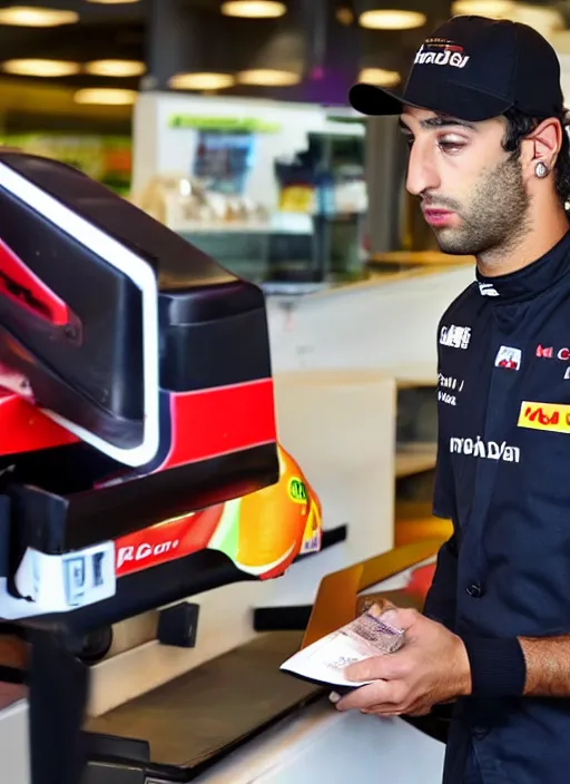 Image similar to photo of f 1 driver, daniel ricciardo, working as a cashier at mcdonalds