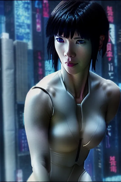 Image similar to long shot from the film ghost in the shell, style of yoshii chie, cinematic, highly detailed