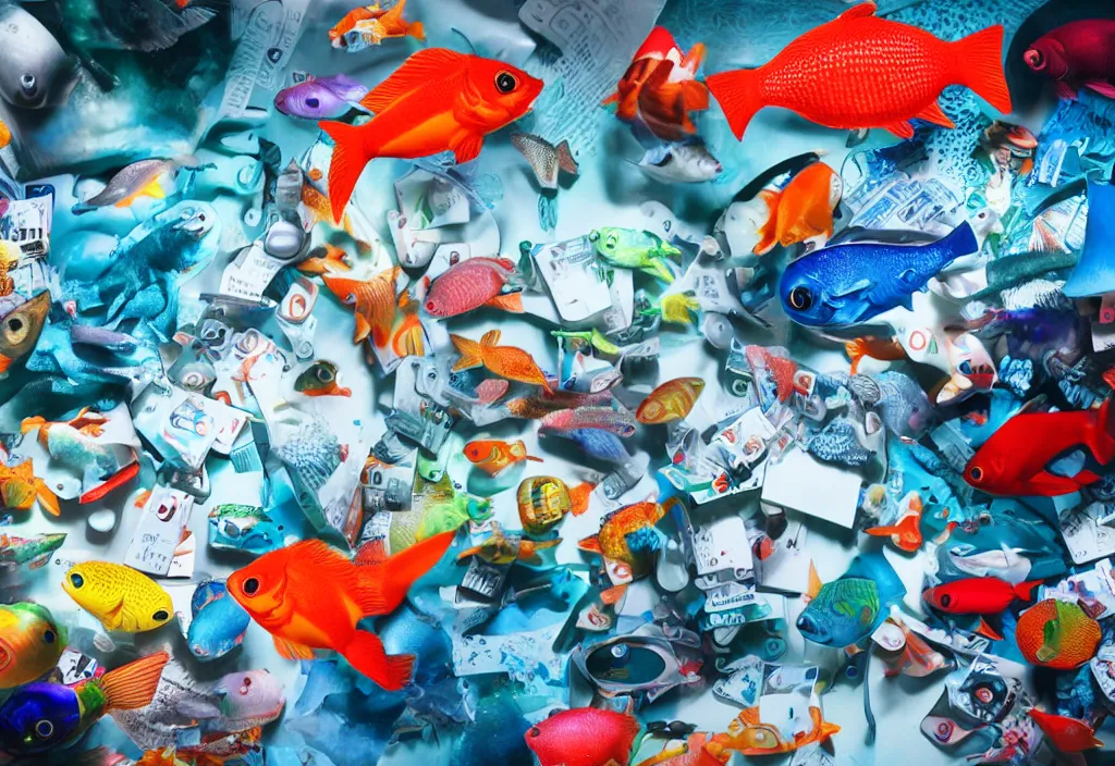 Image similar to 3 d fishes popping out of curved movie screen, fishes floating in bedroom, volumetric lighting, sleeping, pair of keycards on table, bokeh, creterion collection, shot on 7 0 mm, instax