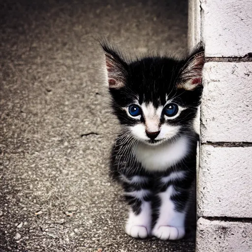 Prompt: a photograph of a kitten in an alley