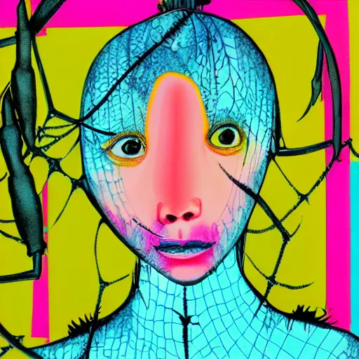 Image similar to a girl with a spider, xilography, bright pastel colors