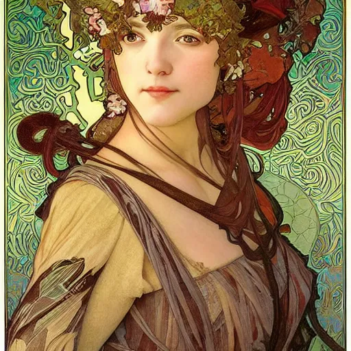 Prompt: realistic detailed face portrait of a beautiful young medieval queen of Japanese Maple trees by Alphonse Mucha, Greg Hildebrandt, and Mark Brooks, Art Nouveau, spirals, Neo-Gothic, gothic, Art Nouveau