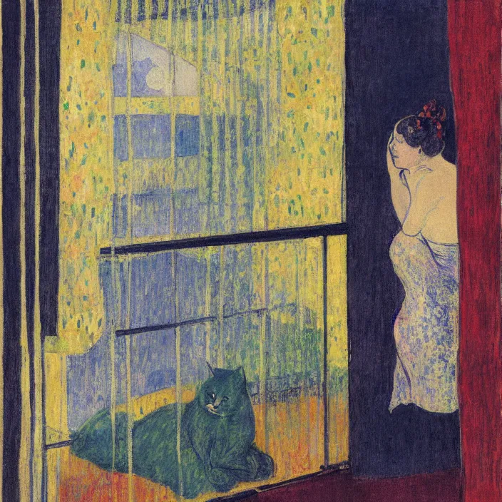 Image similar to portrait of woman in night gown, blue cat and aloe house plant with brutalist city at night seen from a window frame with curtains. agnes pelton, giorges de la tour, bonnard, henri de toulouse - lautrec, utamaro, matisse, monet