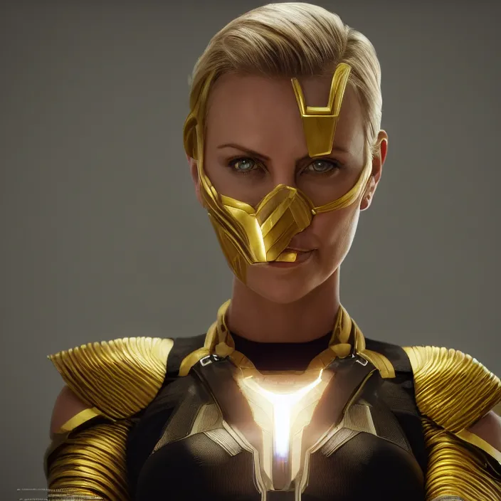 Image similar to portrait of Charlize Theron, wearing The Infinity Gauntlet. intricate artwork. octane render, trending on artstation, very coherent symmetrical artwork. cinematic, hyper realism, high detail, octane render, 8k, iridescent accents
