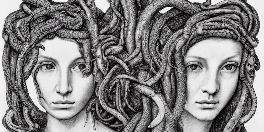 Image similar to realistic portrait of a medusa with her snake hair, 1450, ink, ultra realistic, 8k