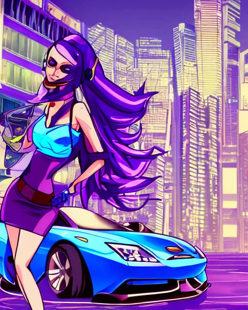 Image similar to cel shaded art of a pretty blue haired girl standing next to a purple lamborghinil, jet grind radio graphics, cyberpunk city street background