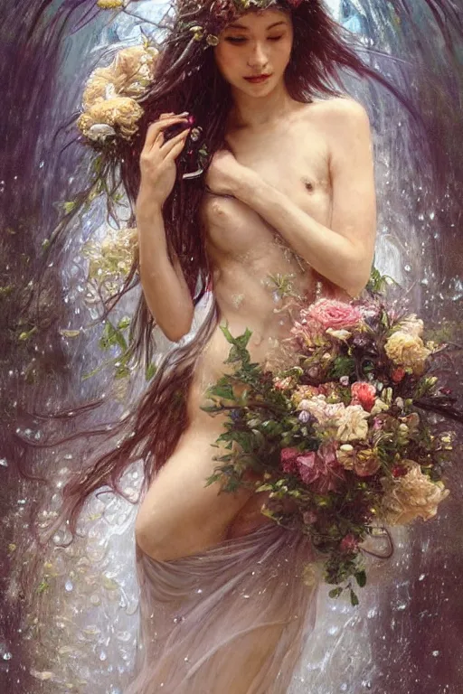 Prompt: portrait of a beautiful mysterious woman holding a bouquet of flowing flowers, drenched clothing, wet dripping long hair, hands hidden under the bouquet, emerging from the water, fantasy, regal, intricate, by stanley artgerm lau, greg rutkowski, thomas kindkade, alphonse mucha, loish, norman rockwell