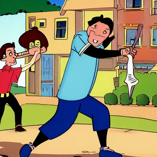 Prompt: the tv show'home movies ', swinging a baseball bat at birds
