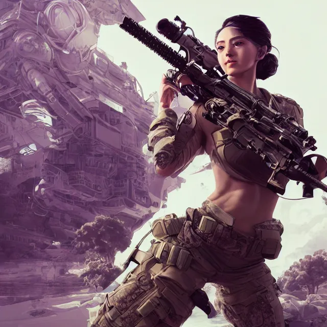 Prompt: the hyperrealistic portrait of lawful neutral female futuristic marine sniper as absurdly beautiful, gorgeous, elegant, young gravure idol, an ultrafine hyperdetailed illustration by kim jung gi, irakli nadar, intricate linework, bright colors, octopath traveler, final fantasy, unreal engine 5 highly rendered, global illumination, radiant light, detailed and intricate environment