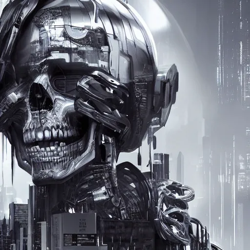 Image similar to black and white cyberpunk style dark bio metal skull, mecha hard-surface, cyberpunk, hyperrealistic, cinematic, unreal engine, 3D, 8K, imagined by Ash Thorp, Tsutomu Nihei, Ghost In The Shell, Akira