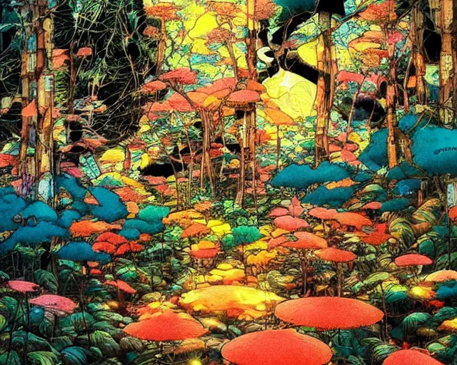 Image similar to A beautiful composition of a psychedelic forest, rich details, artwork by Satoshi Kon and Yoshitaka Amano