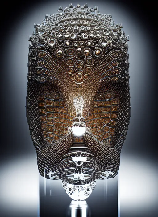 Image similar to ( beautiful queen chess piece ( top is biomechanical ) ( bottom is parametric ) ), reflection of led lights, algorithmic, intricate detail, futuristic, very detailed, highly detailed background, sharpfocus, photorealism, soft diffuse autumn lights, some sun lightray, dark room wall, canon 5 d 5 0 mm lens