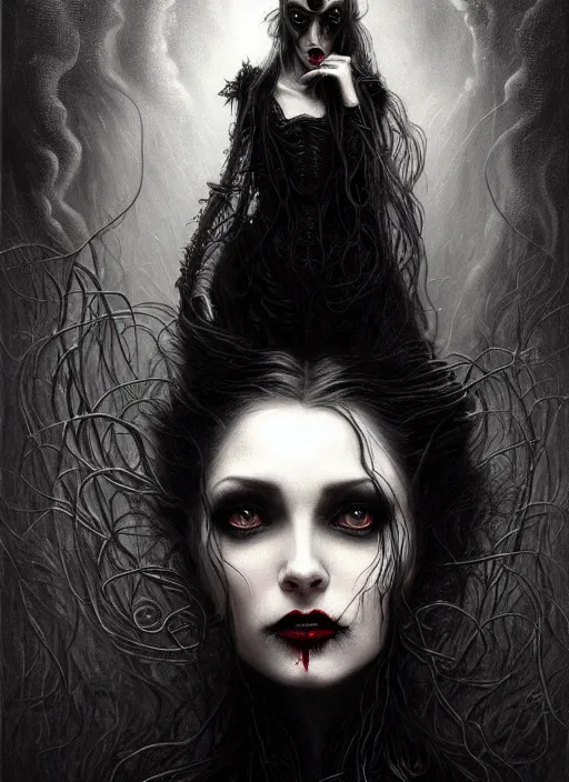 Image similar to highly detailed oil painting | very intricate | cinematic lighting | black, white and blood color scheme, dark background | portrait of a exquisite beautiful vampire old woman with long elegant tangles of black hair, eyes, gothic fog ambience, hyper realistic head, fantasy victorian art, in the style of greg rutkowski, zdizslaw beksinski, intricate, alphonse mucha