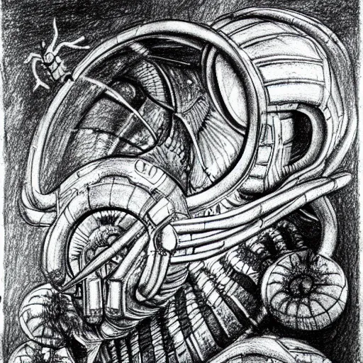 Image similar to drawing of a cyberpunk insectoid underwater alien and its minions, retro technology, leonardo da vinci style