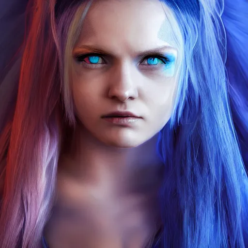 Prompt: portrait of young girl half dragon half human, dragon girl, dragon skin, dragon eyes, dragon crown, blue hair, long hair, highly detailed, cinematic lighting, by Darren Aranofski