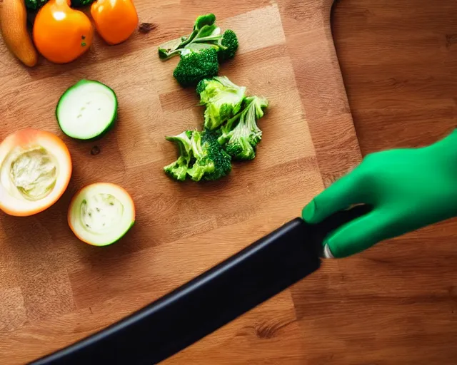 Image similar to 9 0 degrees fov, first person point of view of me chopping vegetables on a chopping board