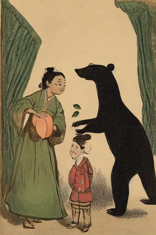 Prompt: portrait of a girl giving a peach to a large anthropomorphic asian black bear, in the style of booth franklin