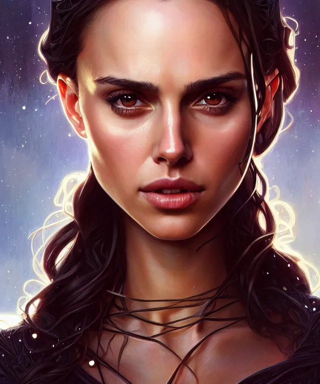 Image similar to half Nathalie portman half jessica alba portrait, sci-fi, amber eyes, beautiful face, appealing long hair, fantasy, intricate, elegant, highly detailed, digital painting, artstation, concept art, smooth, sharp focus, illustration, art by artgerm and greg rutkowski and alphonse mucha