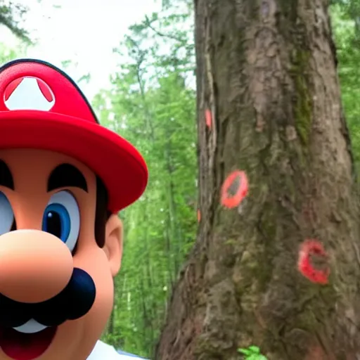 Prompt: italian man with a mustache dressed as mario wearing a solid red mario hat drooling, eyes rolled back, looking at red mushroom with white spots, in a forest