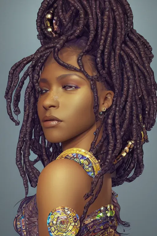 Prompt: beautiful black woman with gorgeous beaded dreadlock hairstyle, as seen on artgerm, octane render, in the style of alphonse mucha, ultra realistic, highly detailed, 8 k