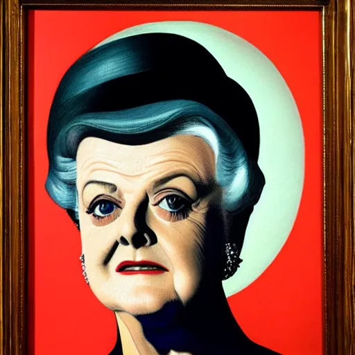 Prompt: very detailed and attractive portrait of dame angela lansbury backlit with an ominous red glow, painted by rene magritte