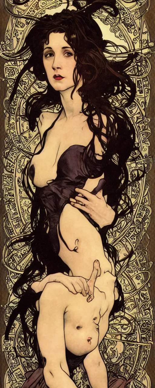 Image similar to striking sensual industrial art nouveau style portrait of kitty pryde as a norwegian black metal singer by michael kaluta, simon bisley and alphonse mucha, photorealism, extremely hyperdetailed, perfect symmetrical facial features, perfect anatomy, ornate declotage, weapon, latex, excited expression, wild eyes