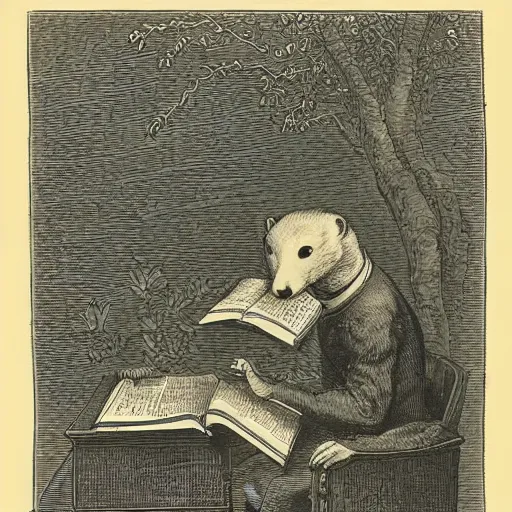 Prompt: a weasel reading a grimoire, by gustave dore