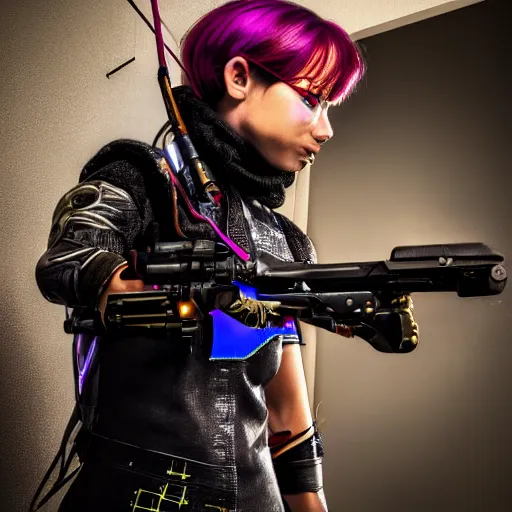 Prompt: photo of a cyberpunk female archer