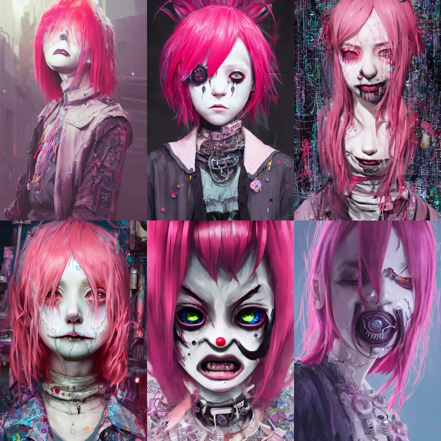 Image similar to by kyoto animation, very creepy clown girl pink hair, tears from the eyes, wearing cyberpunk intricate streetwear, beautiful, detailed portrait, intricate complexity, ilya kuvshinov, cell shaded, 4 k, concept art, by wlop, ilya kuvshinov, greg rutkowski, sharp focus, volumetric lighting, cinematic lighting