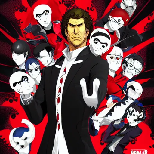 Image similar to will ferrell action portrait in the style of persona 5, atlus video game, video game cover featuring will ferrell, stylized anime art