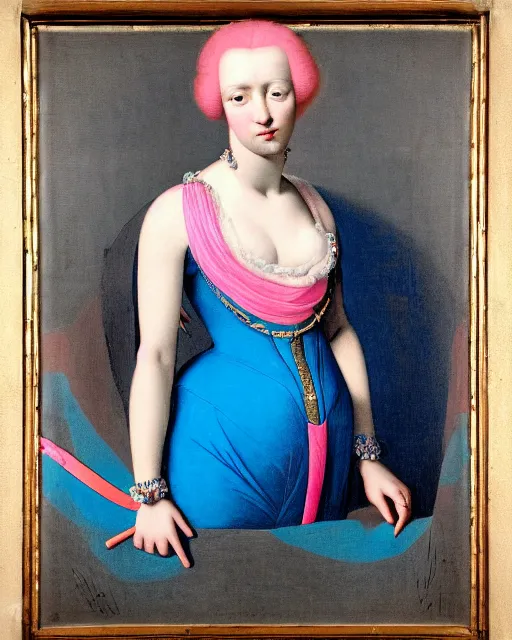 Prompt: woman with pink hair, wearing a neon blue dress by Vivienne Westwood, intricate details, masterpiece, in the style of Jean Auguste Dominique Ingres, black background